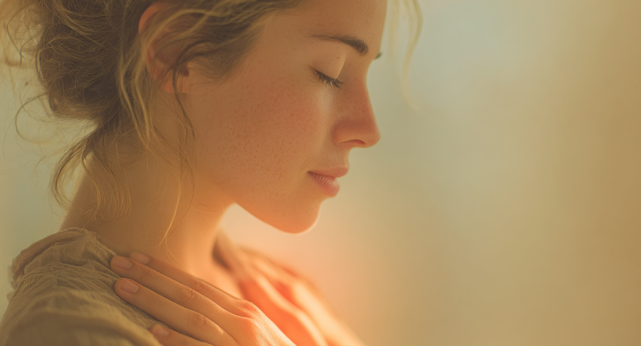 Close de uma mulher de perfil, com os olhos fechados em expressão de paz, se abraçando. Uma luz quente e dourada brilha de seu peito, simbolizando o amor-próprio e a cura da dependência emocional.