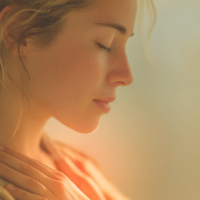 Close de uma mulher de perfil, com os olhos fechados em expressão de paz, se abraçando. Uma luz quente e dourada brilha de seu peito, simbolizando o amor-próprio e a cura da dependência emocional.