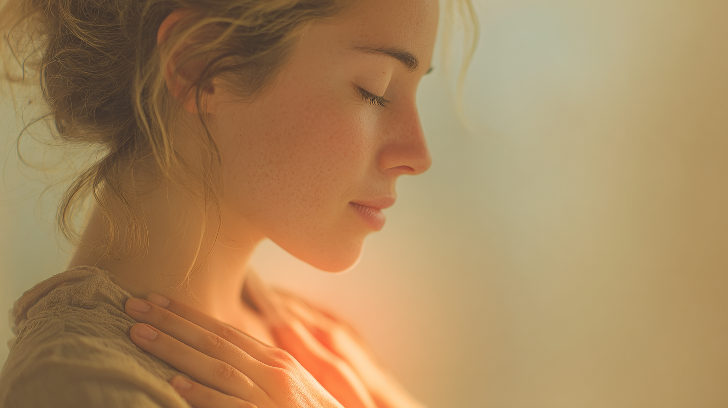 Close de uma mulher de perfil, com os olhos fechados em expressão de paz, se abraçando. Uma luz quente e dourada brilha de seu peito, simbolizando o amor-próprio e a cura da dependência emocional.