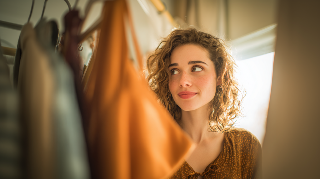 Mulher jovem e estilosa em frente ao seu closet organizado, escolhendo com um sorriso o look para primeiro encontro ideal em um quarto com luz natural.
