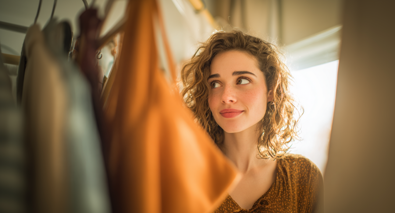 Mulher jovem e estilosa em frente ao seu closet organizado, escolhendo com um sorriso o look para primeiro encontro ideal em um quarto com luz natural.