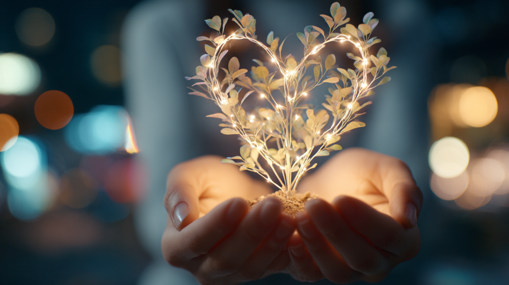 Mãos de mulher segurando com cuidado uma planta luminosa em formato de coração, simbolizando o slow dating e uma conexão real, com um fundo desfocado de aplicativos de namoro caóticos.