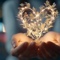 Mãos de mulher segurando com cuidado uma planta luminosa em formato de coração, simbolizando o slow dating e uma conexão real, com um fundo desfocado de aplicativos de namoro caóticos.