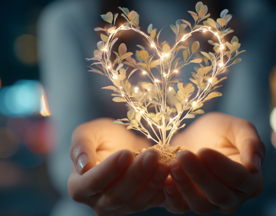 Mãos de mulher segurando com cuidado uma planta luminosa em formato de coração, simbolizando o slow dating e uma conexão real, com um fundo desfocado de aplicativos de namoro caóticos.