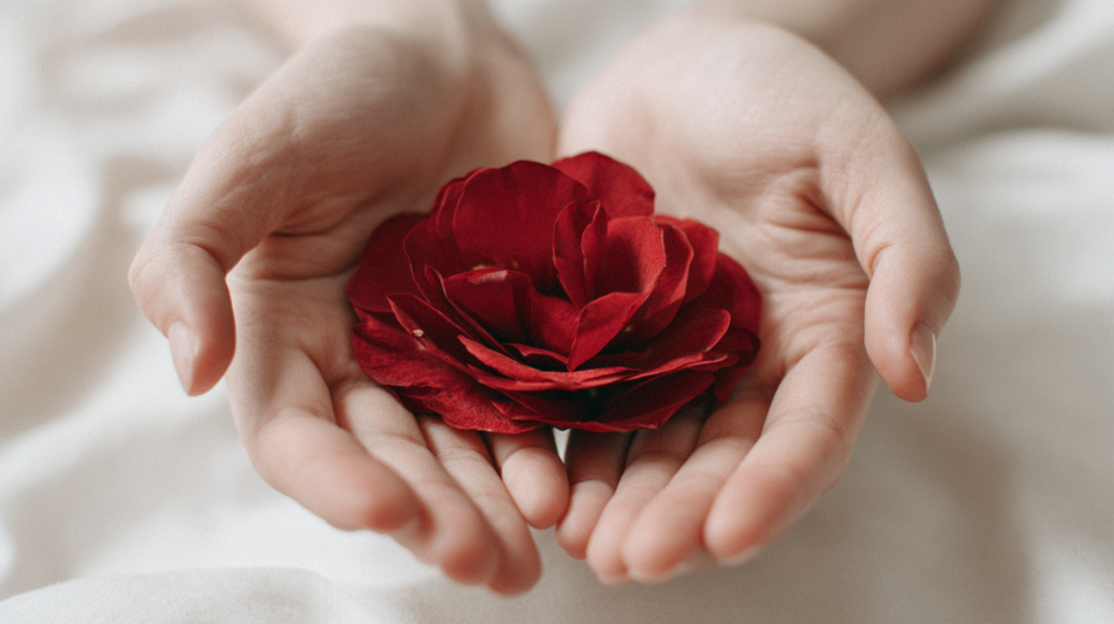 Duas mãos em concha segurando uma rosa vermelha aberta sobre um fundo branco minimalista.