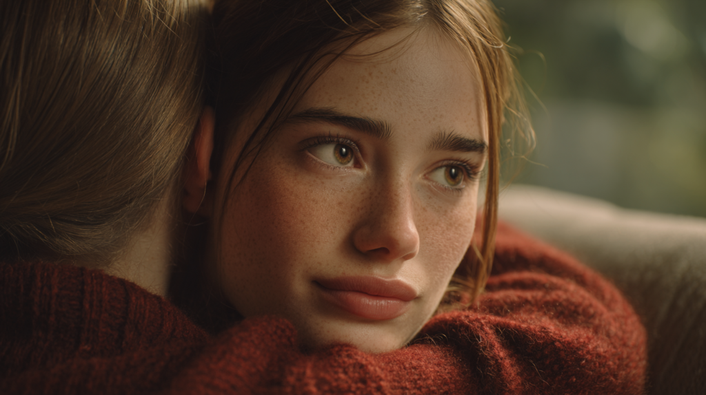 Close-up emocional de uma mulher com olhar vulnerável recebendo um abraço de conforto de sua amiga em um sofá. A imagem ilustra a força da sororidade no relacionamento e a importância do apoio feminino.