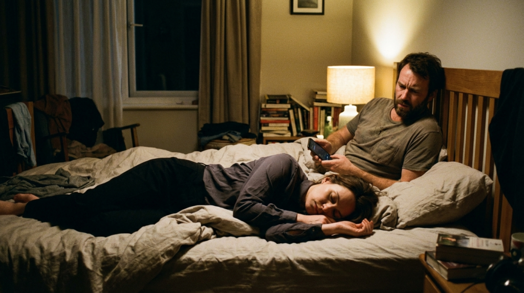 Casal exausto na cama à noite, ilustrando o distanciamento físico e emocional no casamento causado pelo burnout e esgotamento profissional.