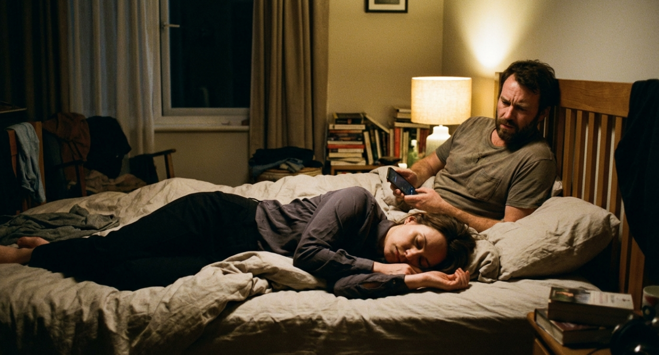 Casal exausto na cama à noite, ilustrando o distanciamento físico e emocional no casamento causado pelo burnout e esgotamento profissional.