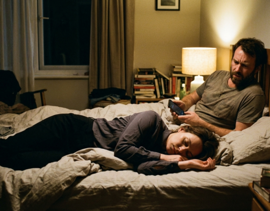 Casal exausto na cama à noite, ilustrando o distanciamento físico e emocional no casamento causado pelo burnout e esgotamento profissional.