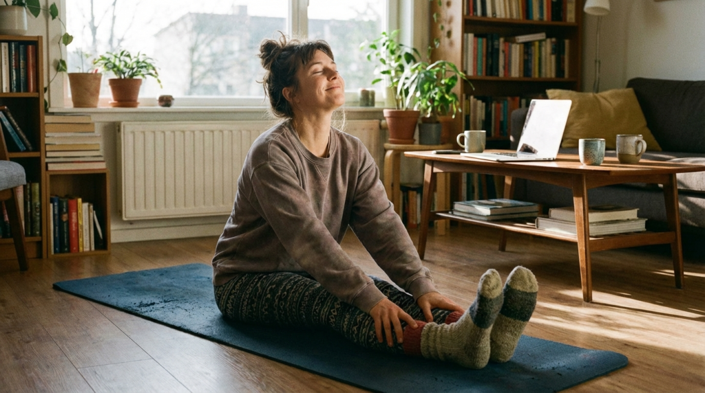 Mulher alongando na sala de estar com luz natural, representando treino em casa realista sem equipamentos.