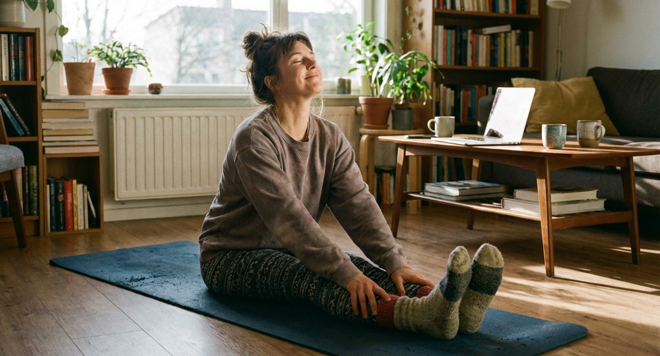 Mulher alongando na sala de estar com luz natural, representando treino em casa realista sem equipamentos.