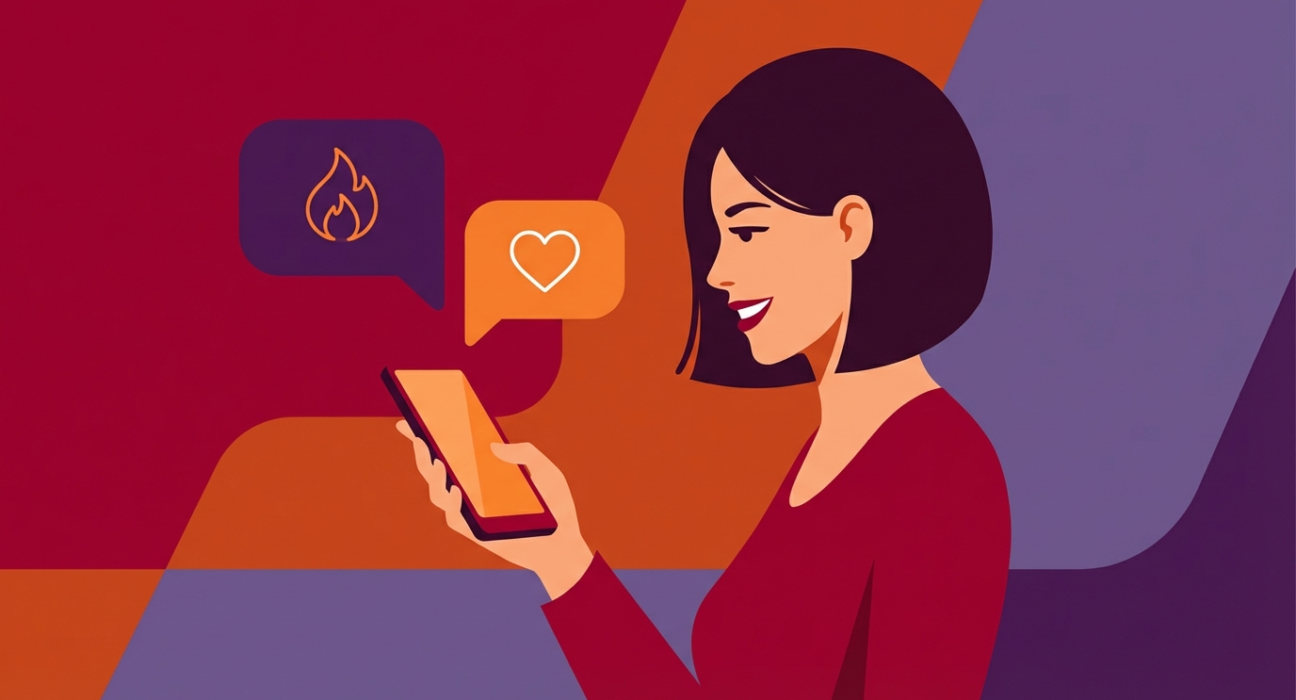 Ilustração minimalista e vibrante de uma mulher sorrindo ao olhar para o smartphone, enviando perguntas picantes para WhatsApp, representando a comunicação erótica e o resgate da intimidade do casal.