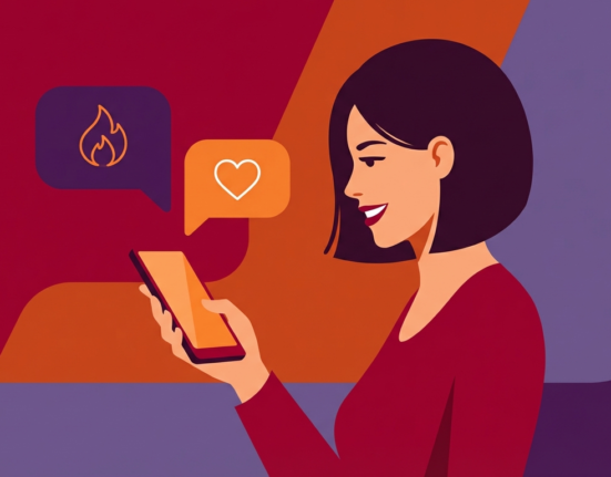 Ilustração minimalista e vibrante de uma mulher sorrindo ao olhar para o smartphone, enviando perguntas picantes para WhatsApp, representando a comunicação erótica e o resgate da intimidade do casal.