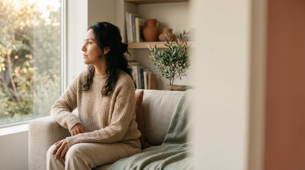 Mulher jovem em momento de reflexão em um ambiente acolhedor, representando a busca por autoconhecimento e saúde sexual feminina sobre desejo hipoativo.