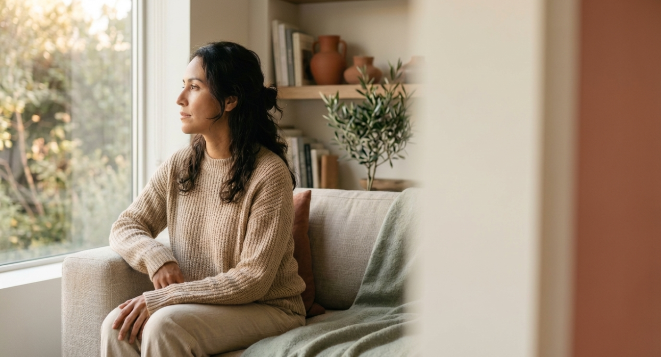 Mulher jovem em momento de reflexão em um ambiente acolhedor, representando a busca por autoconhecimento e saúde sexual feminina sobre desejo hipoativo.
